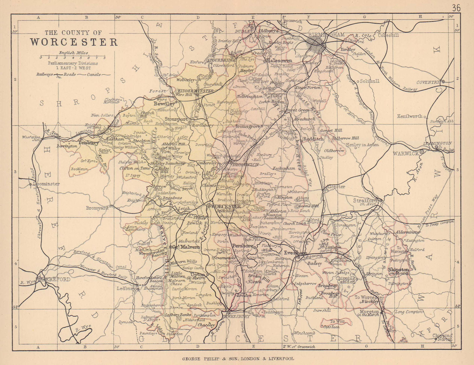 WORCESTERSHIRE. County map. Railways roads canals. Constituencies. PHILIP 1885